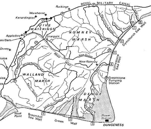 Map showing outfalls and pumping stations