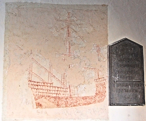 Galleon painted on the wall of Snargate Church